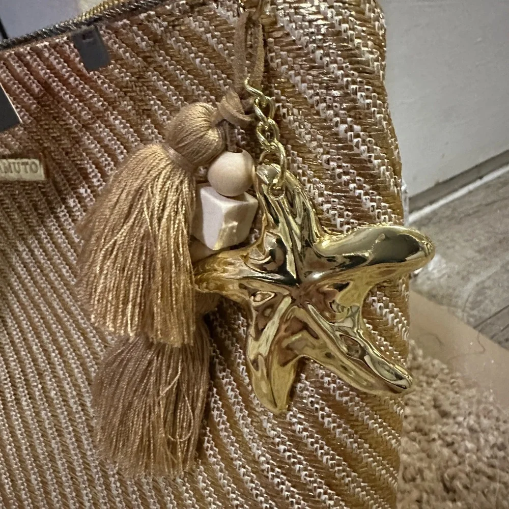 Vince Camuto Metallic Gold Diagonal Weave Cosmetic Pouch with Tassel